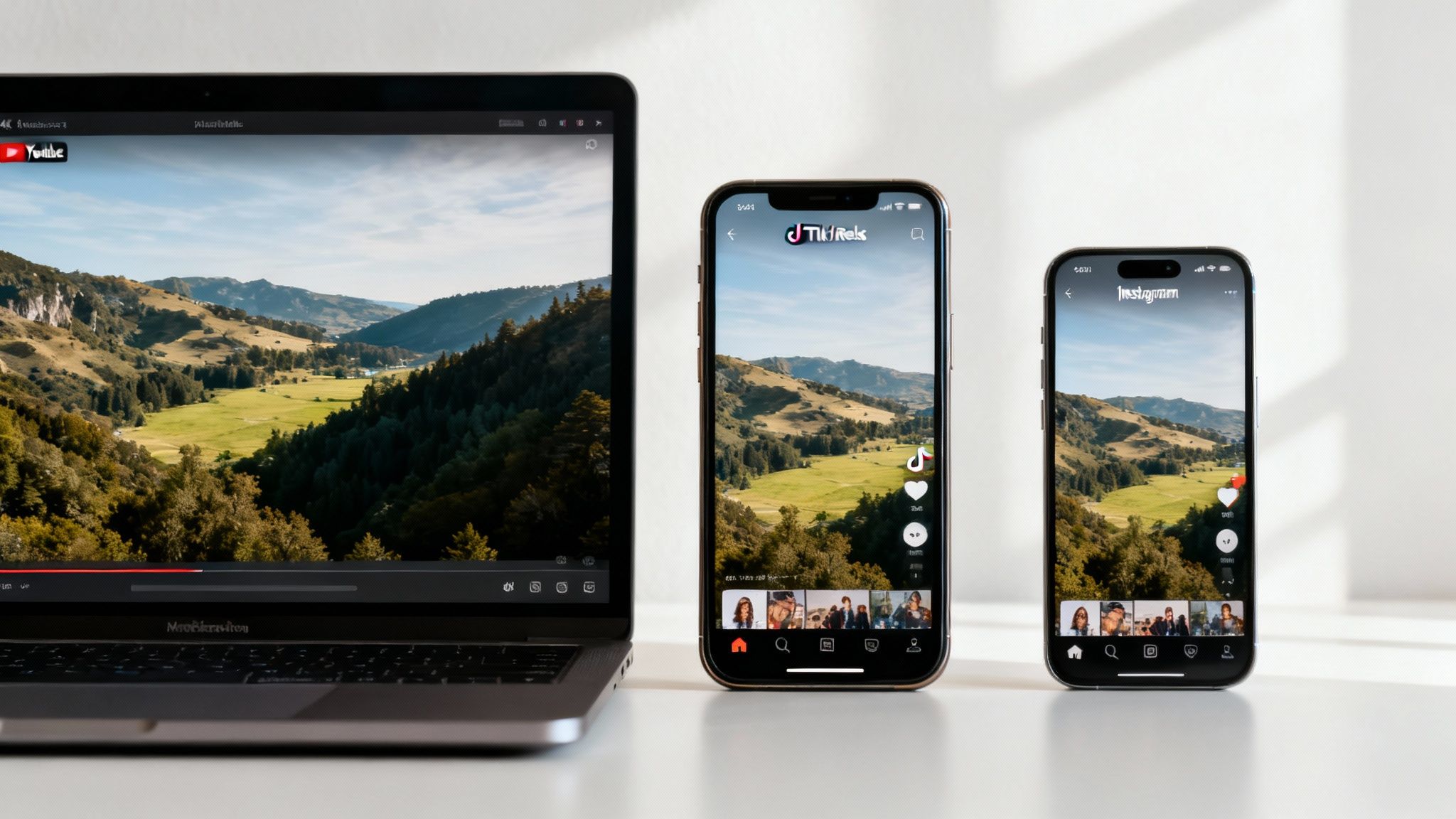 A laptop and two smartphones display a scenic mountain landscape video across different platforms.