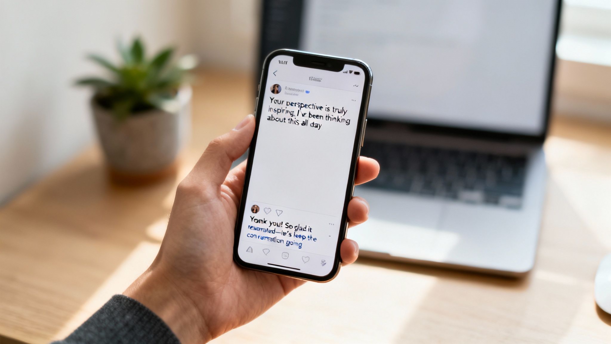 A hand holds a smartphone displaying an inspiring online conversation on a social media app.