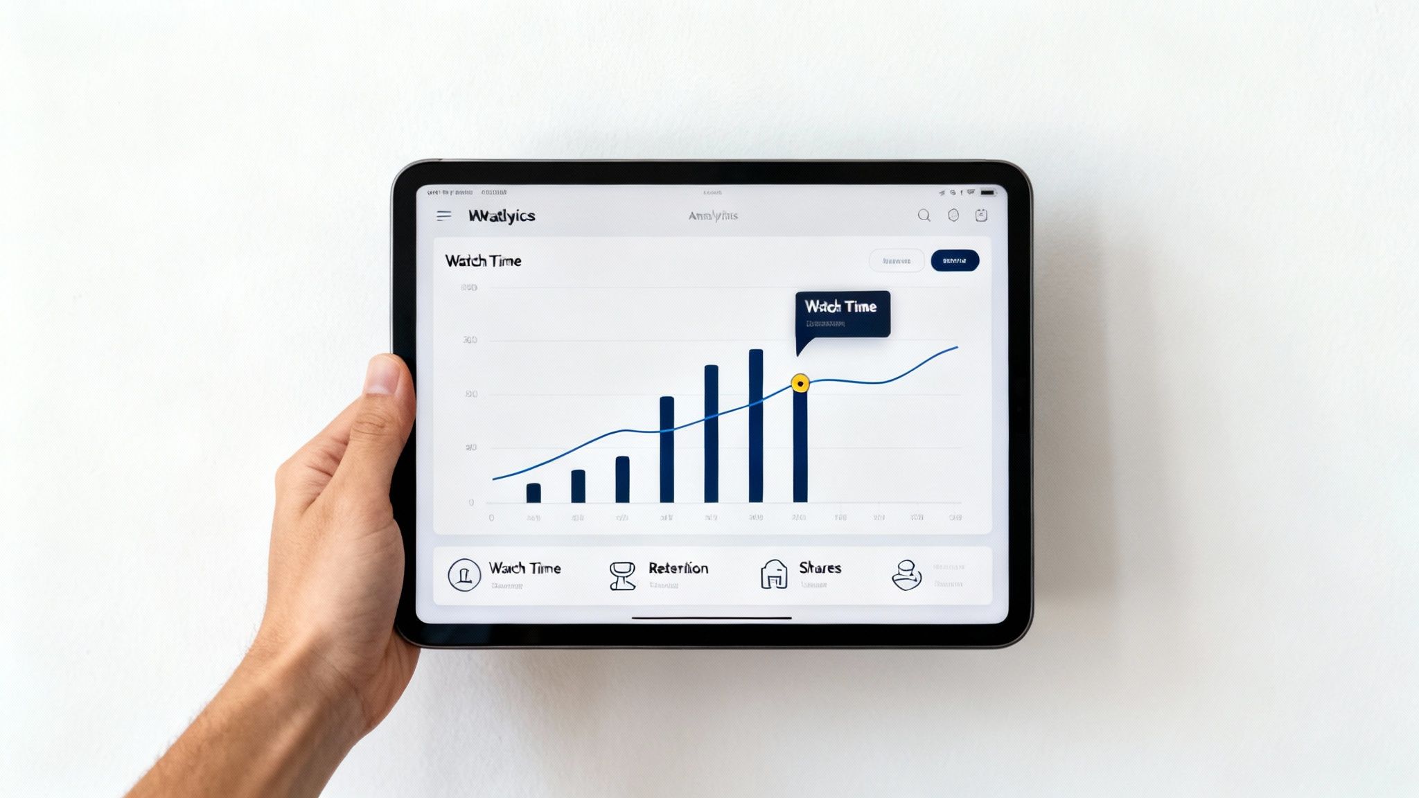 Hand holding a tablet displaying a Wwaltylics analytics dashboard with Watch Time data visualized.