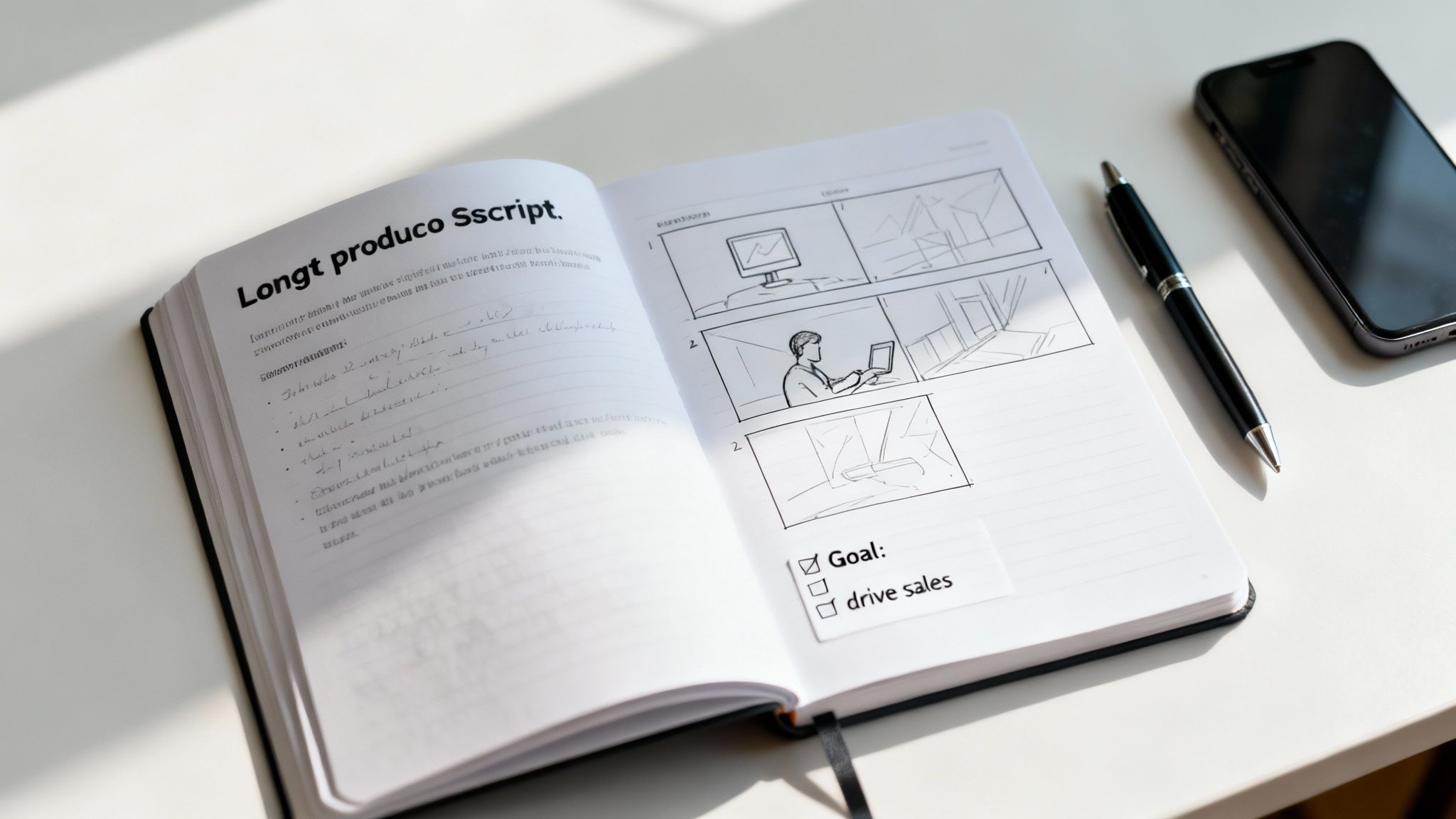 Open notebook on a desk with storyboards, project planning, pen, and a smartphone.