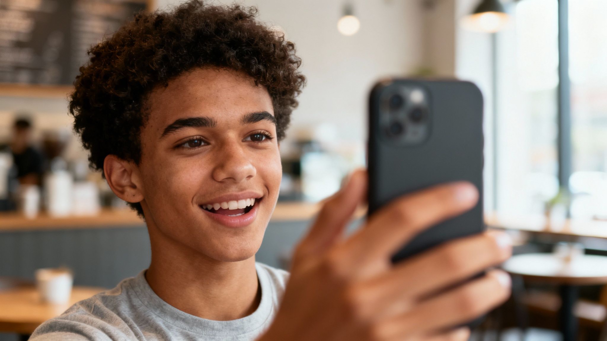 Happy teenage boy with curly hair taking selfie with smartphone indoors