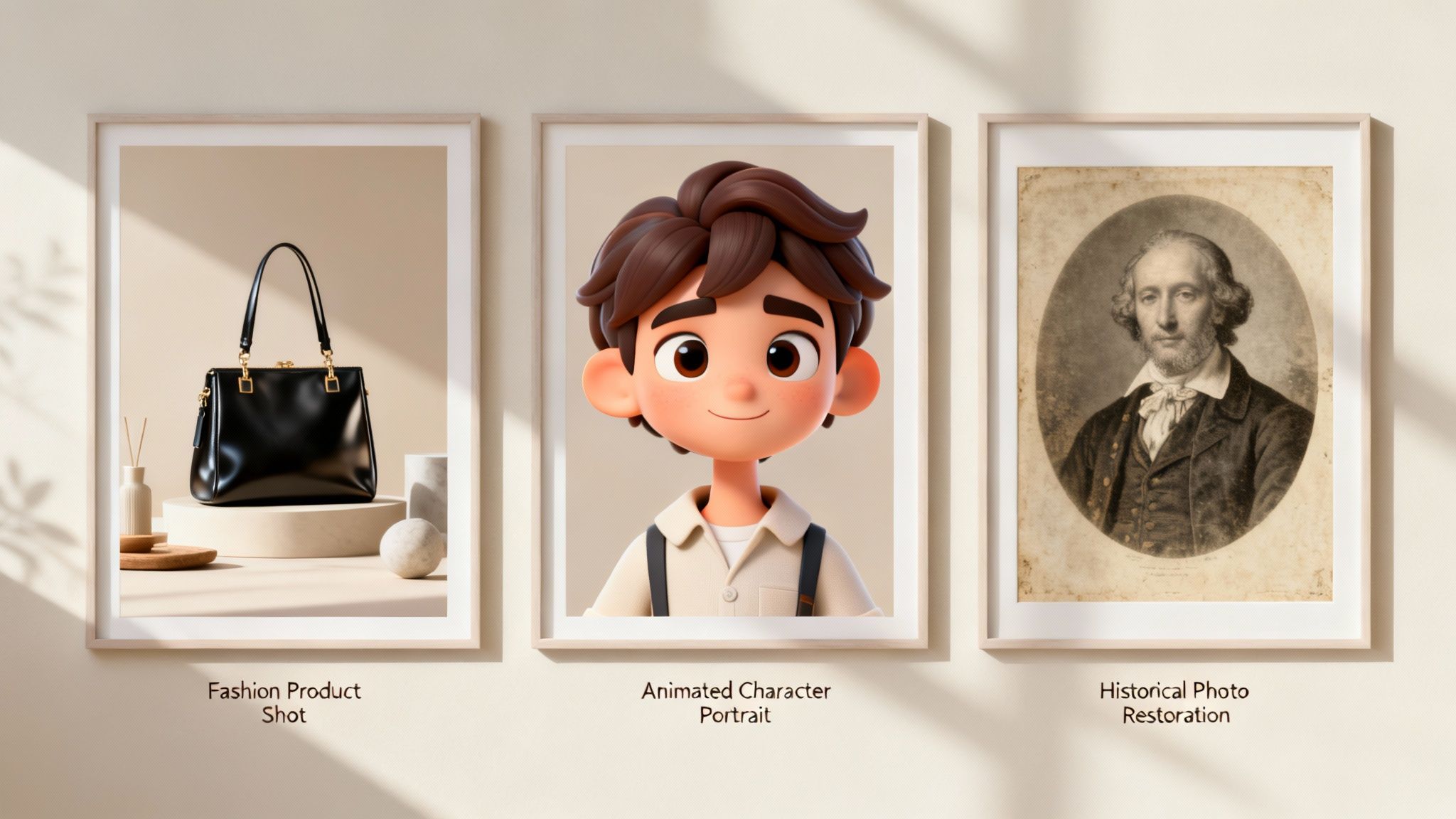 Three framed pictures displaying AI image editing capabilities: fashion product shot, animated character, and historical photo restoration.