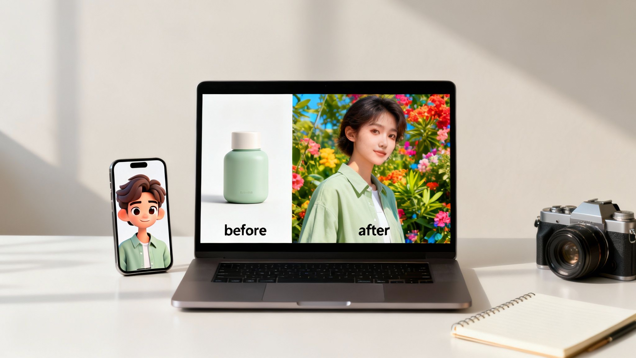 Desk setup with laptop displaying AI image transformation, smartphone showing a cartoon avatar, a camera, and notebook.