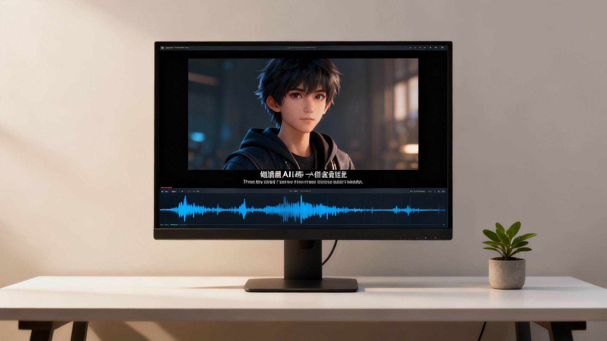 Computer monitor displaying animated character with Chinese subtitles and audio waveform editing interface below