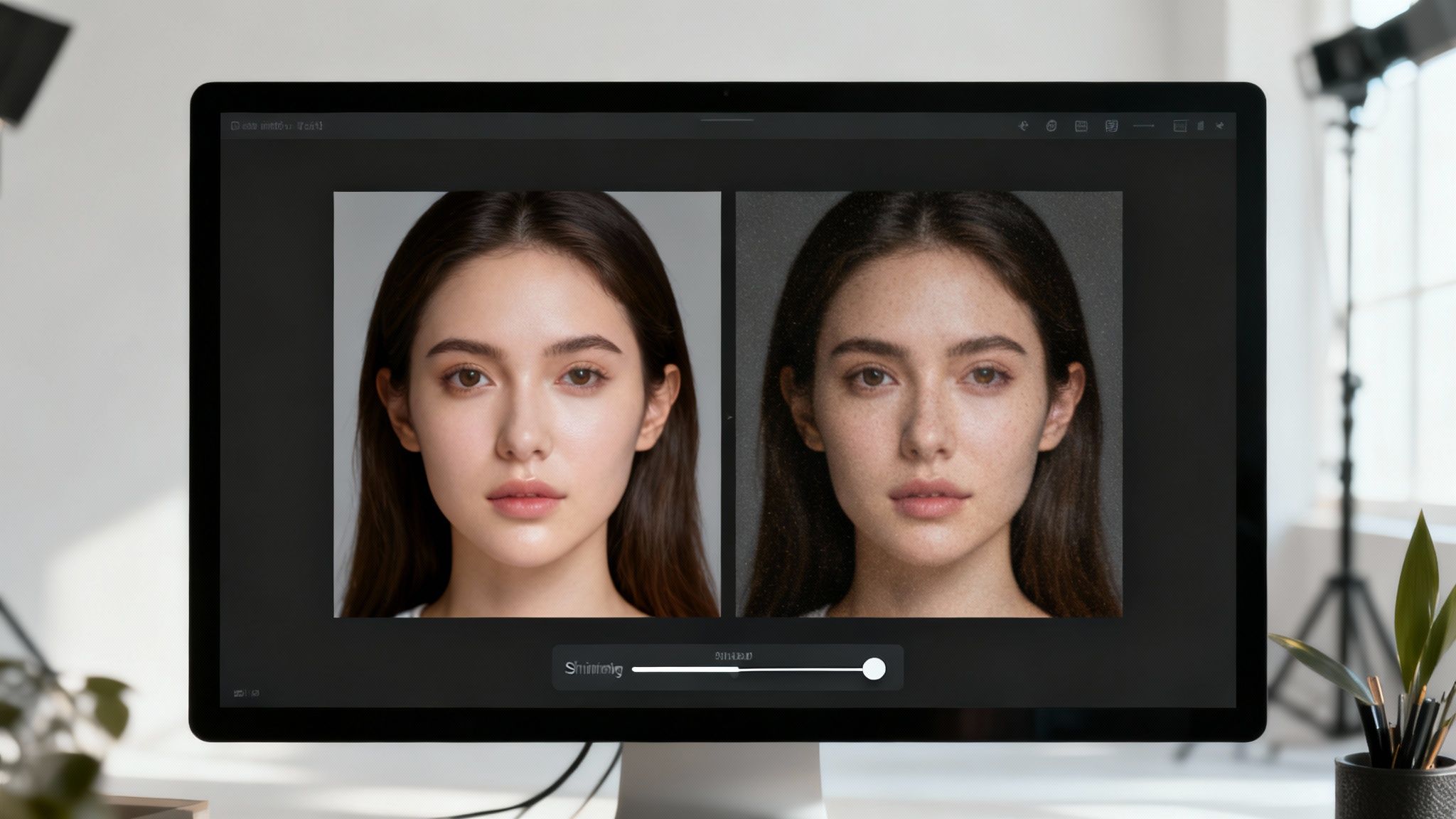 A before and after comparison of a video frame, showing the original low-quality image next to the AI-enhanced version.