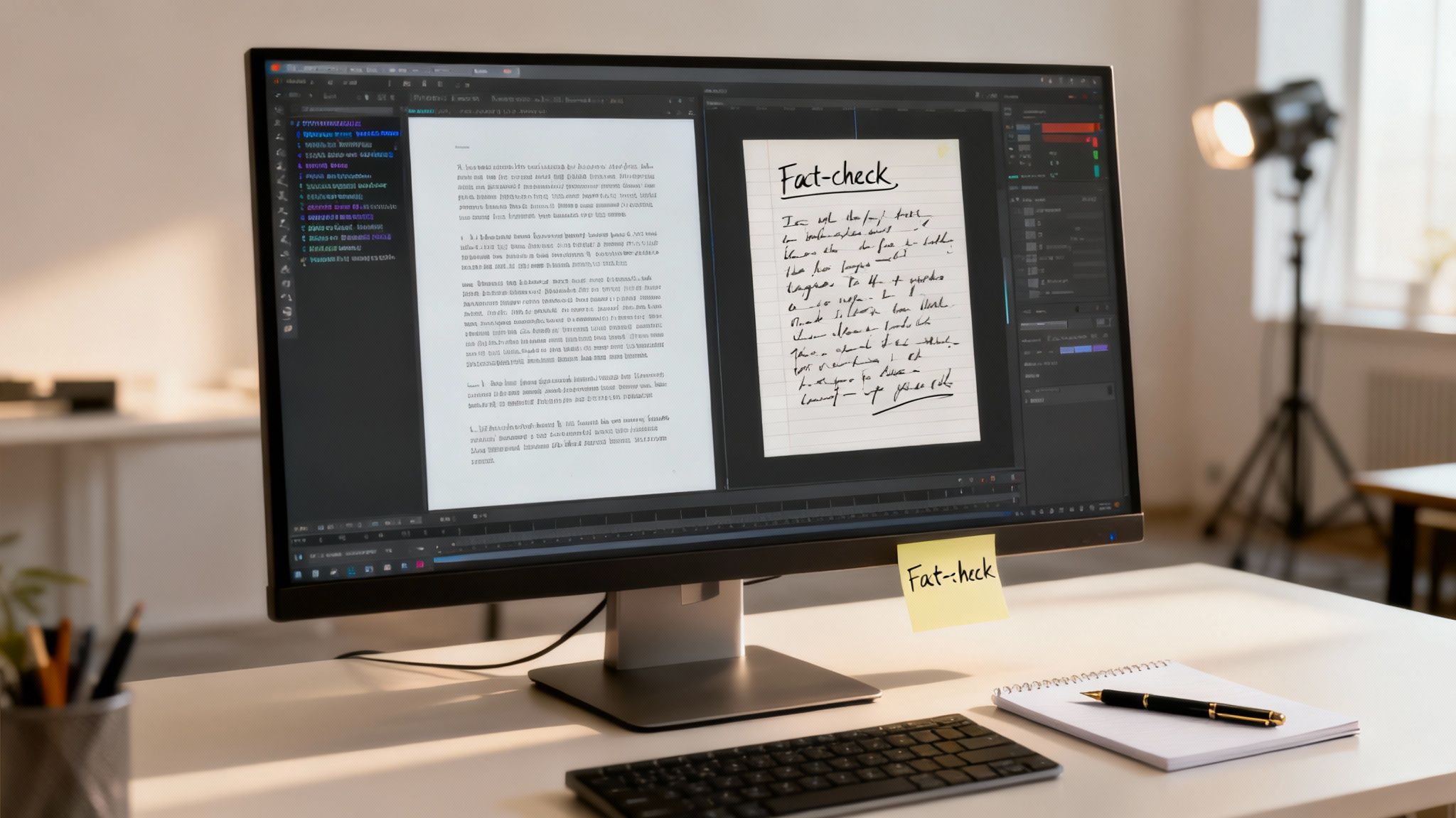 A desktop monitor displaying documents and a digital note with 'Fact-check', alongside a physical sticky note.