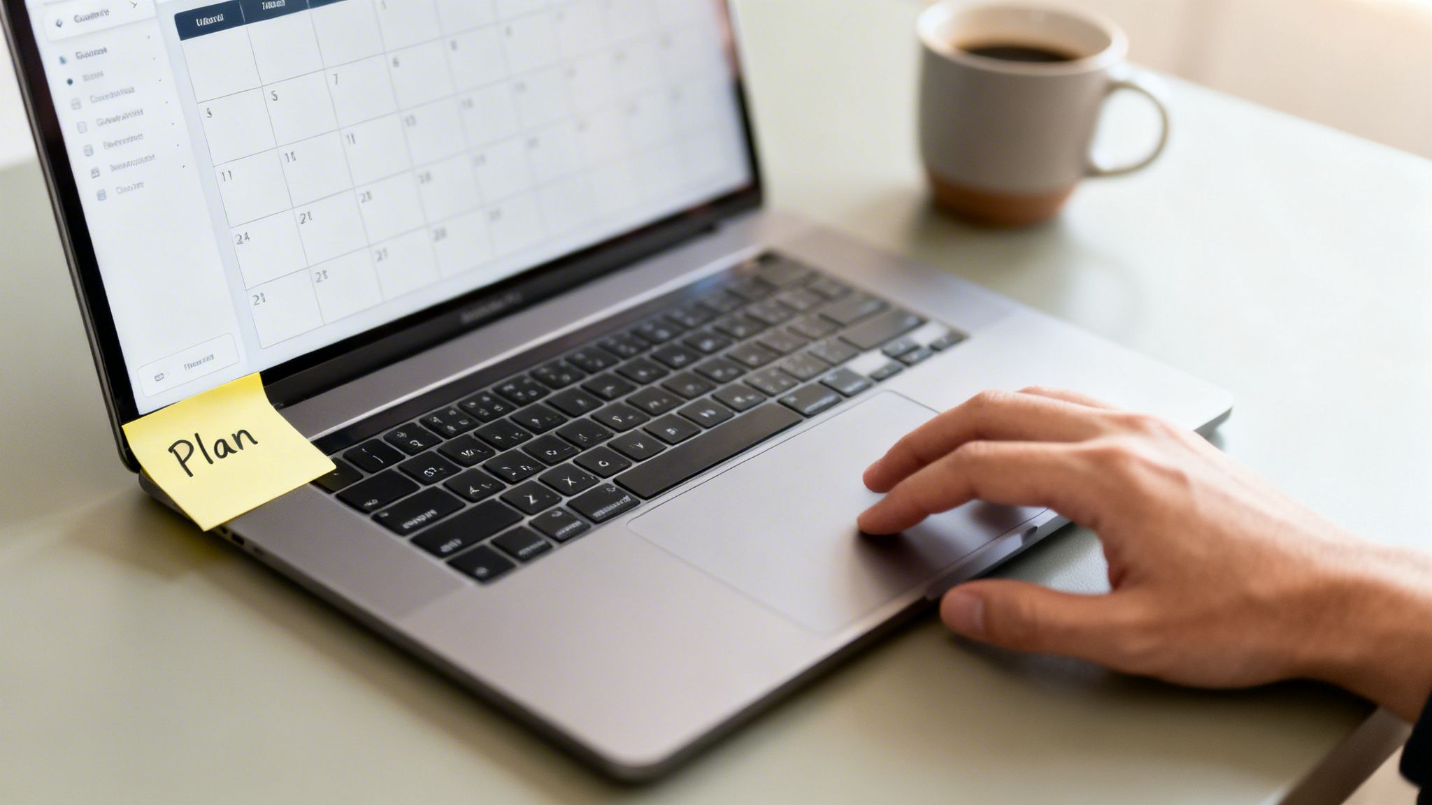 A person's hand uses a laptop displaying a calendar, with a 'Plan' sticky note and a coffee mug nearby.