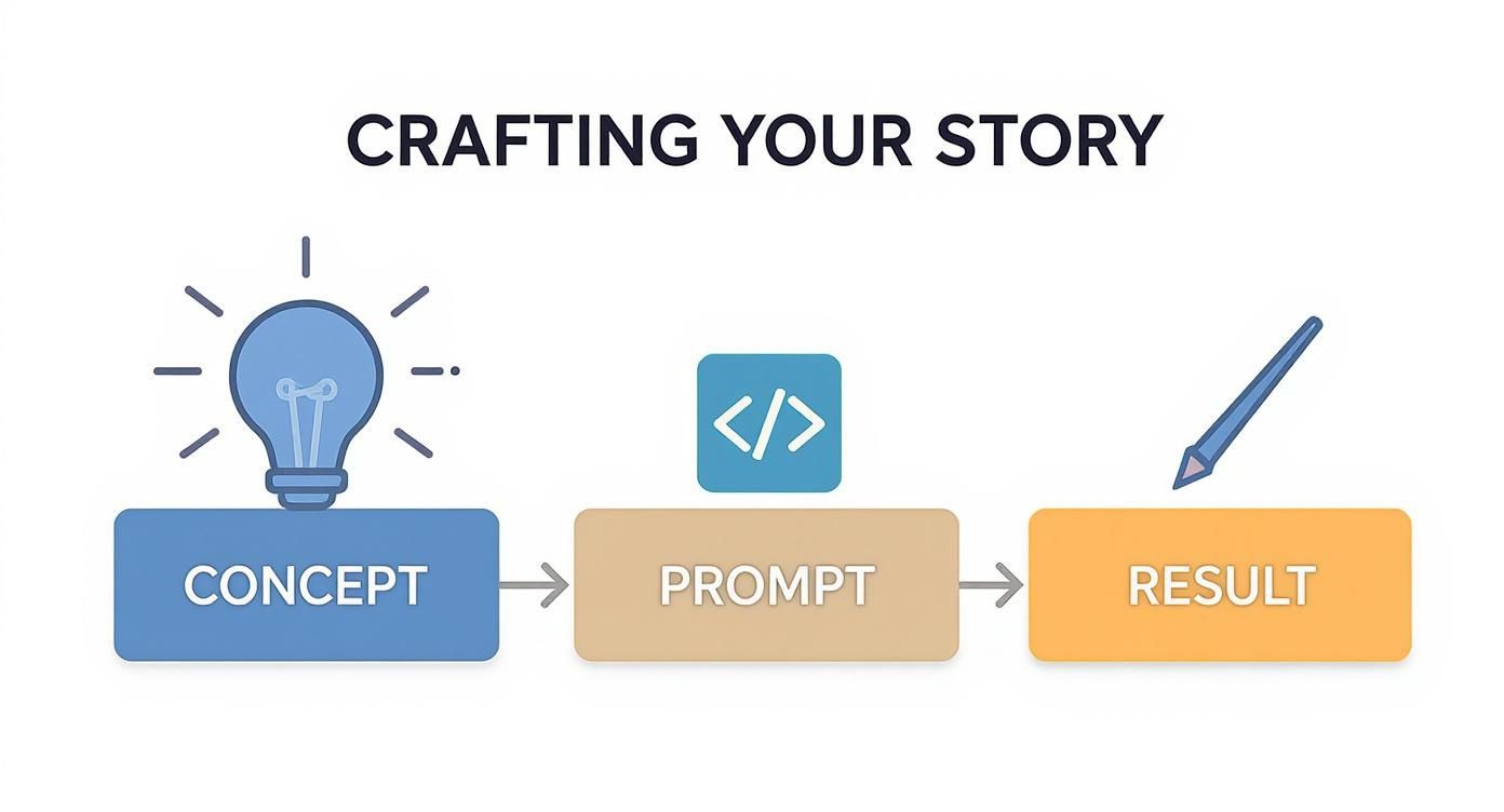 Flowchart illustrating crafting a story from concept (lightbulb) to prompt (code) to result (pencil).