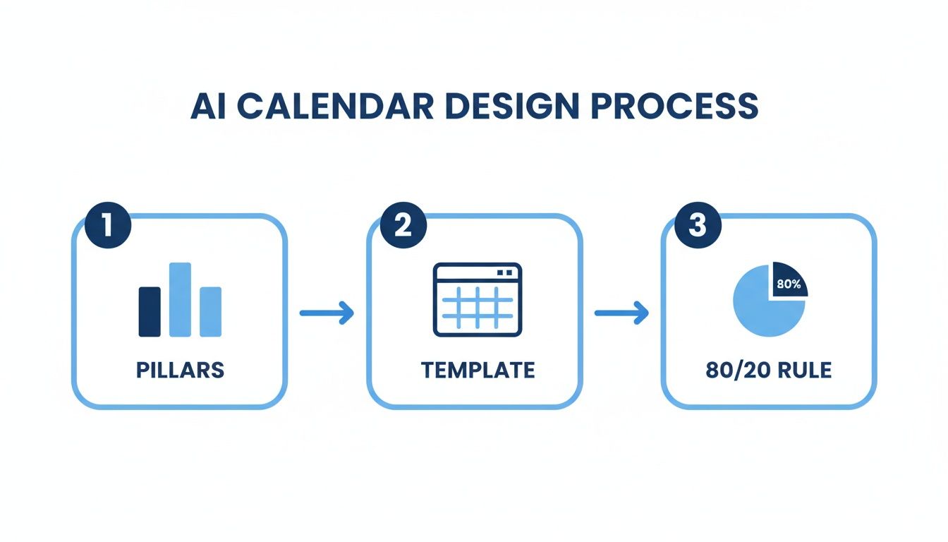 A three-step AI calendar design process flow: Pillars, Template, and the 80/20 Rule.