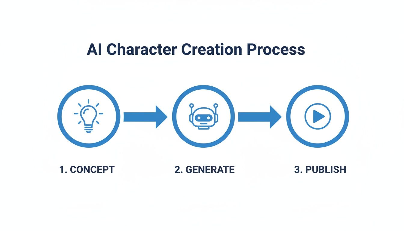 Diagram illustrating the AI Character Creation Process with three steps: Concept, Generate, and Publish.