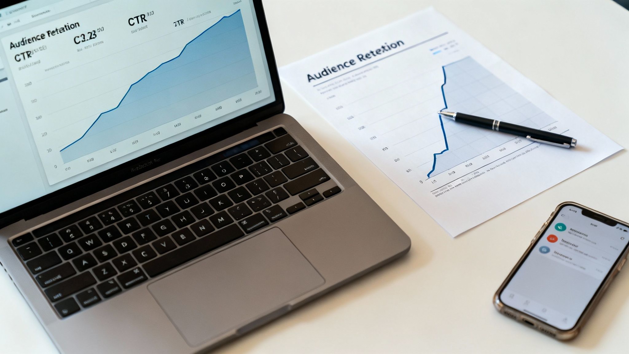 A modern workspace with a laptop displaying a graph, a printed report, a pen, and a smartphone.