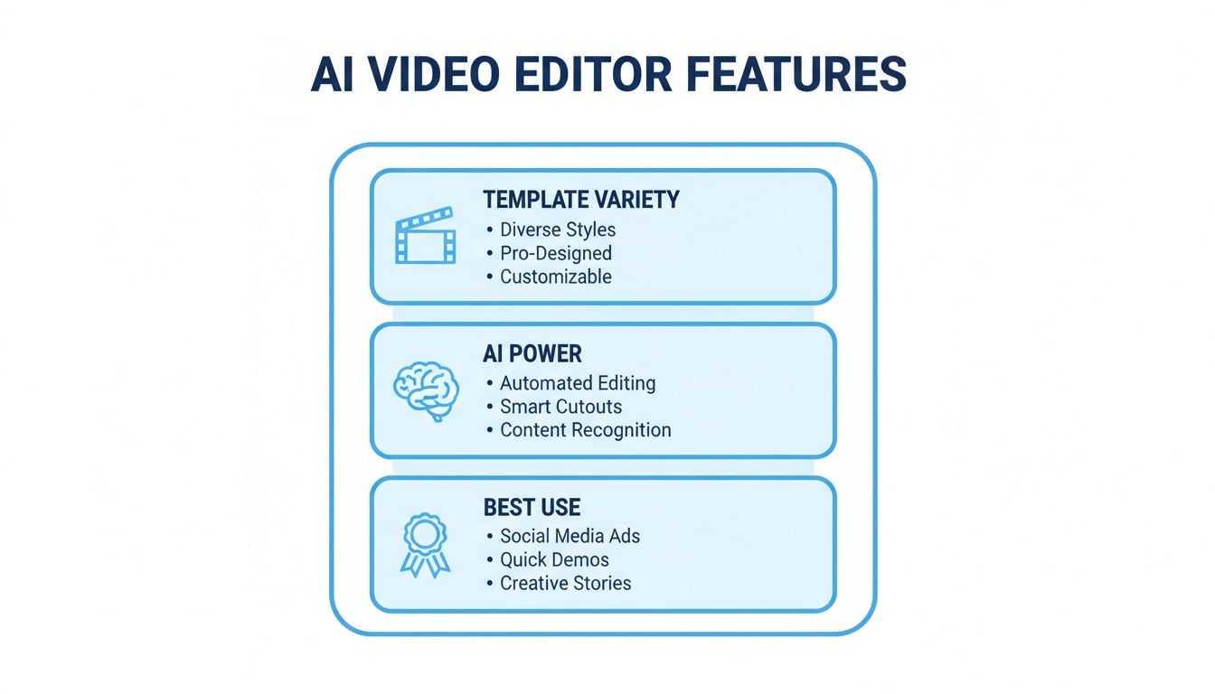 Infographic detailing AI video editor features including template variety, AI power for editing, and best use cases.