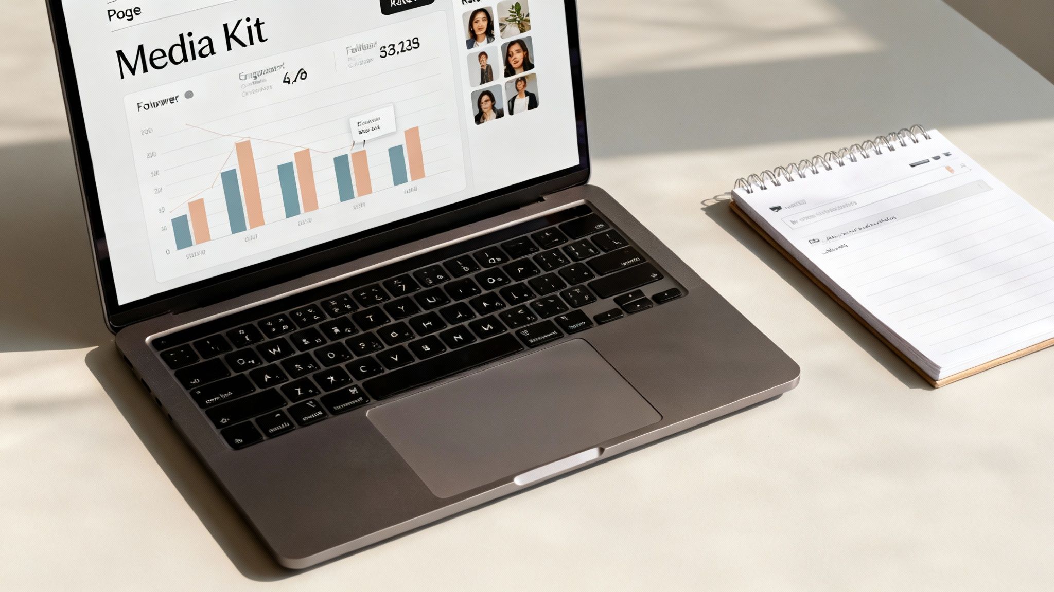 A laptop on a desk showing a media kit dashboard with charts and follower count, beside a notebook.