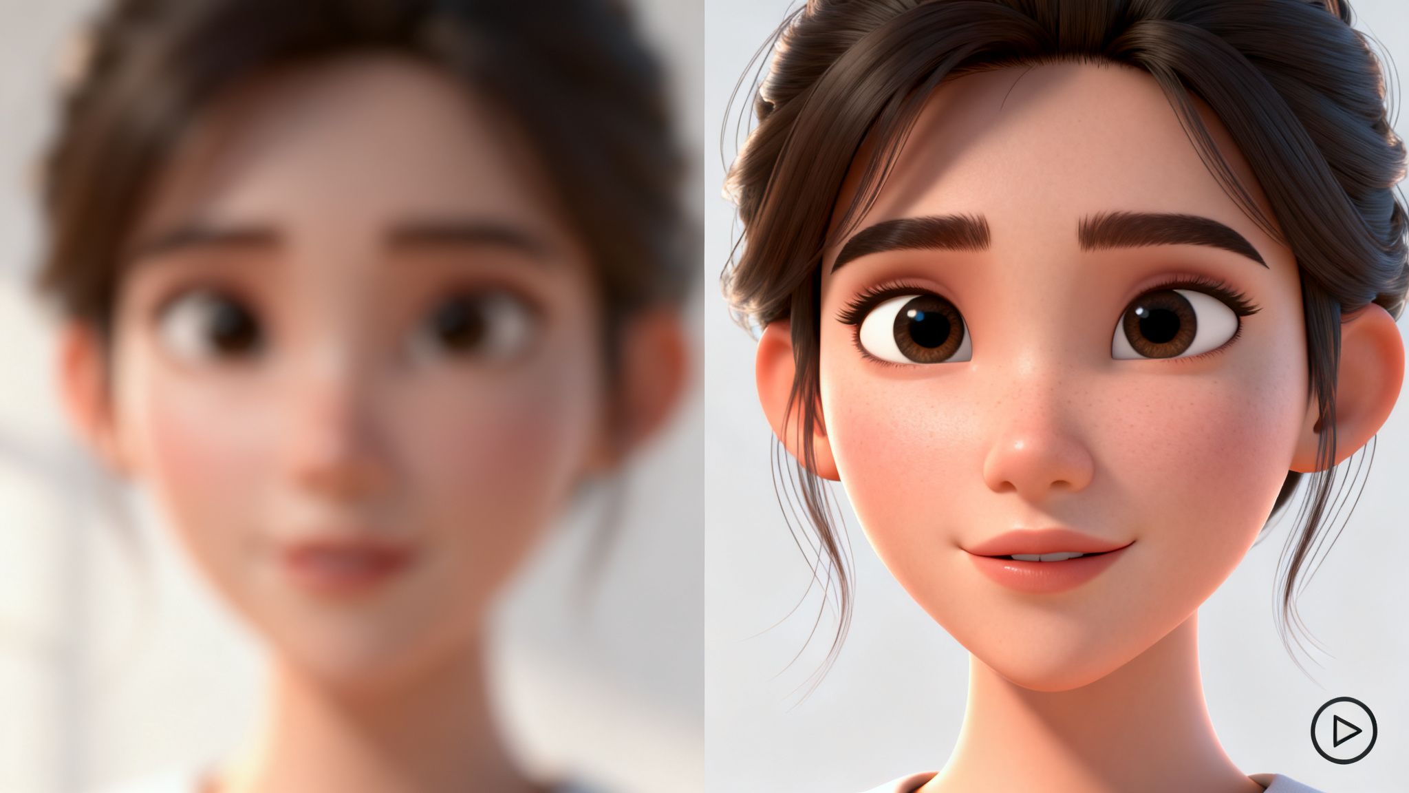 A side-by-side comparison of a blurry and a sharp animated woman, demonstrating AI upscaling.