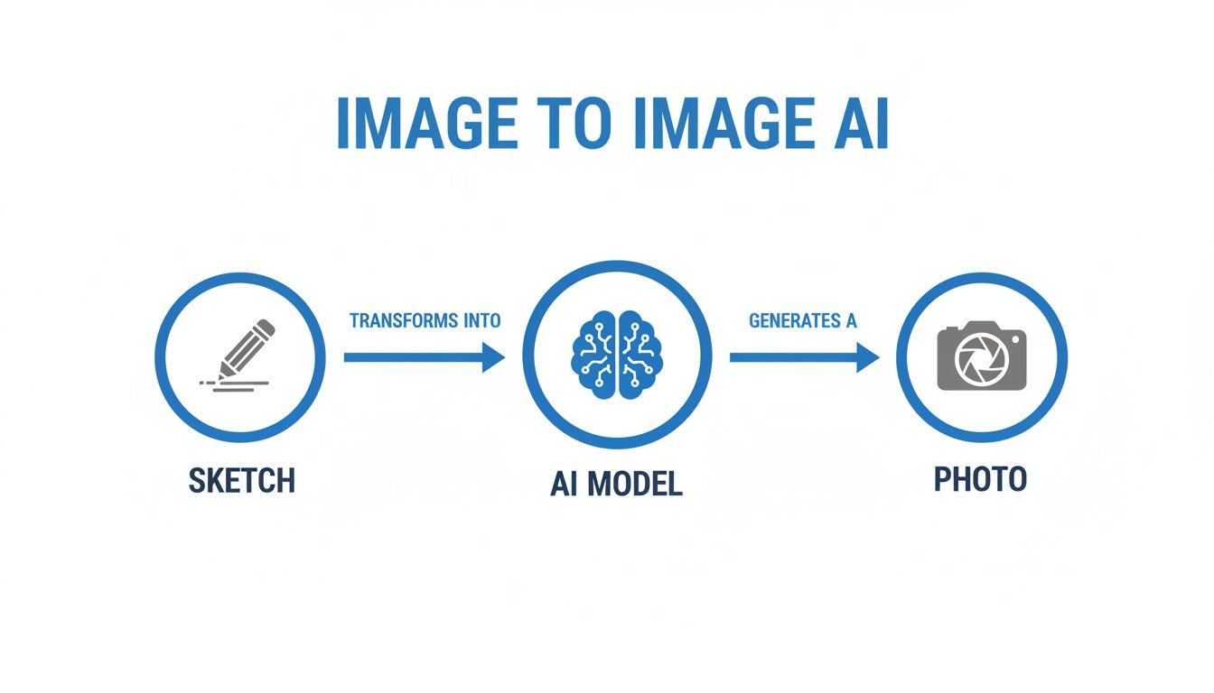 Diagram illustrating Image to Image AI converting a sketch input into a photo output via an AI model.