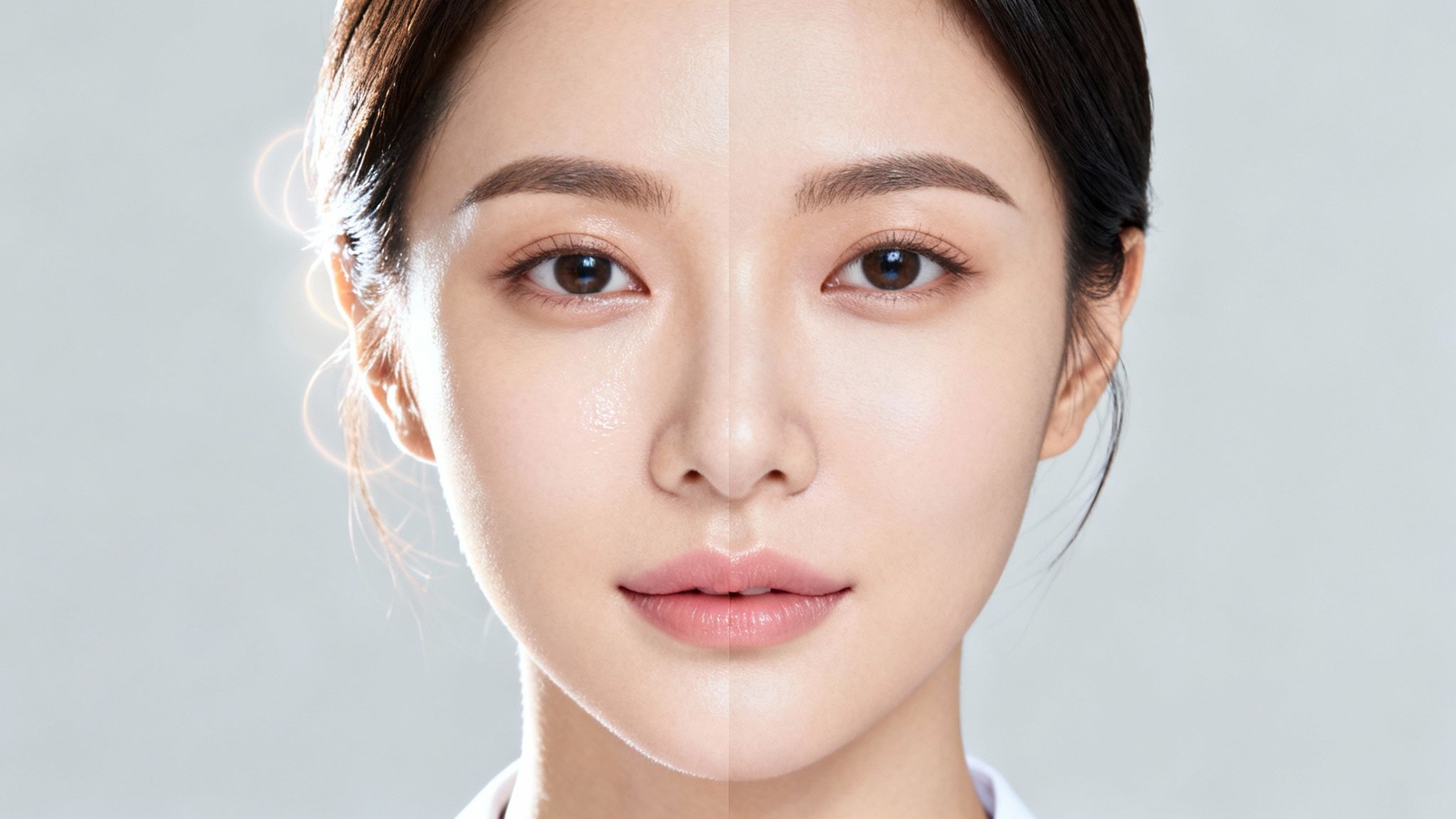 Half-and-half comparison of a woman's radiant skin, highlighting cosmetic or skincare effects.