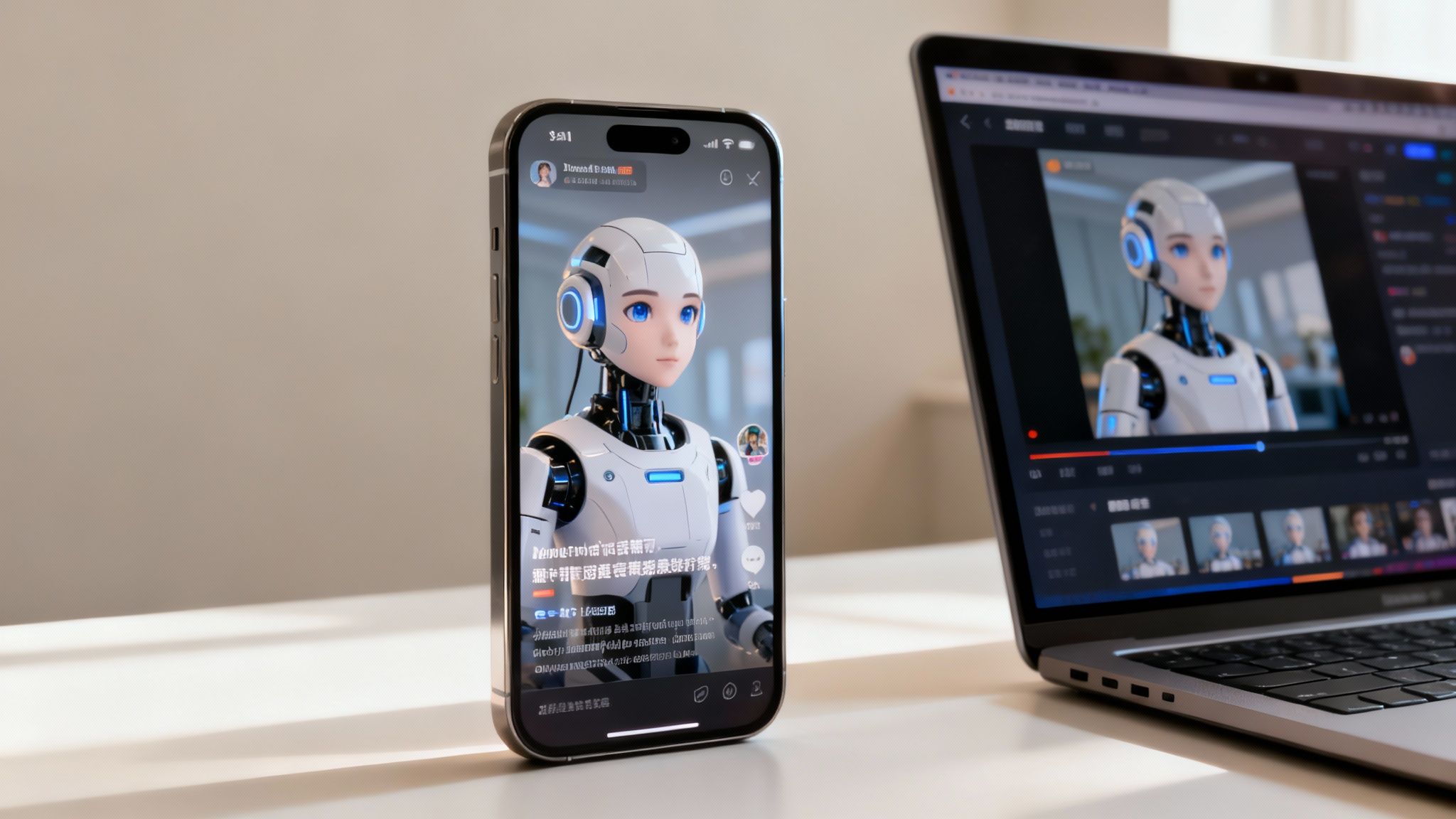A smartphone and laptop display a futuristic 3D animated robot character side-by-side on a light desk.
