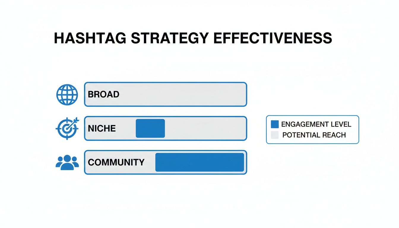 Bar chart comparing hashtag strategy effectiveness: broad, niche, and community, showing engagement level versus potential reach.