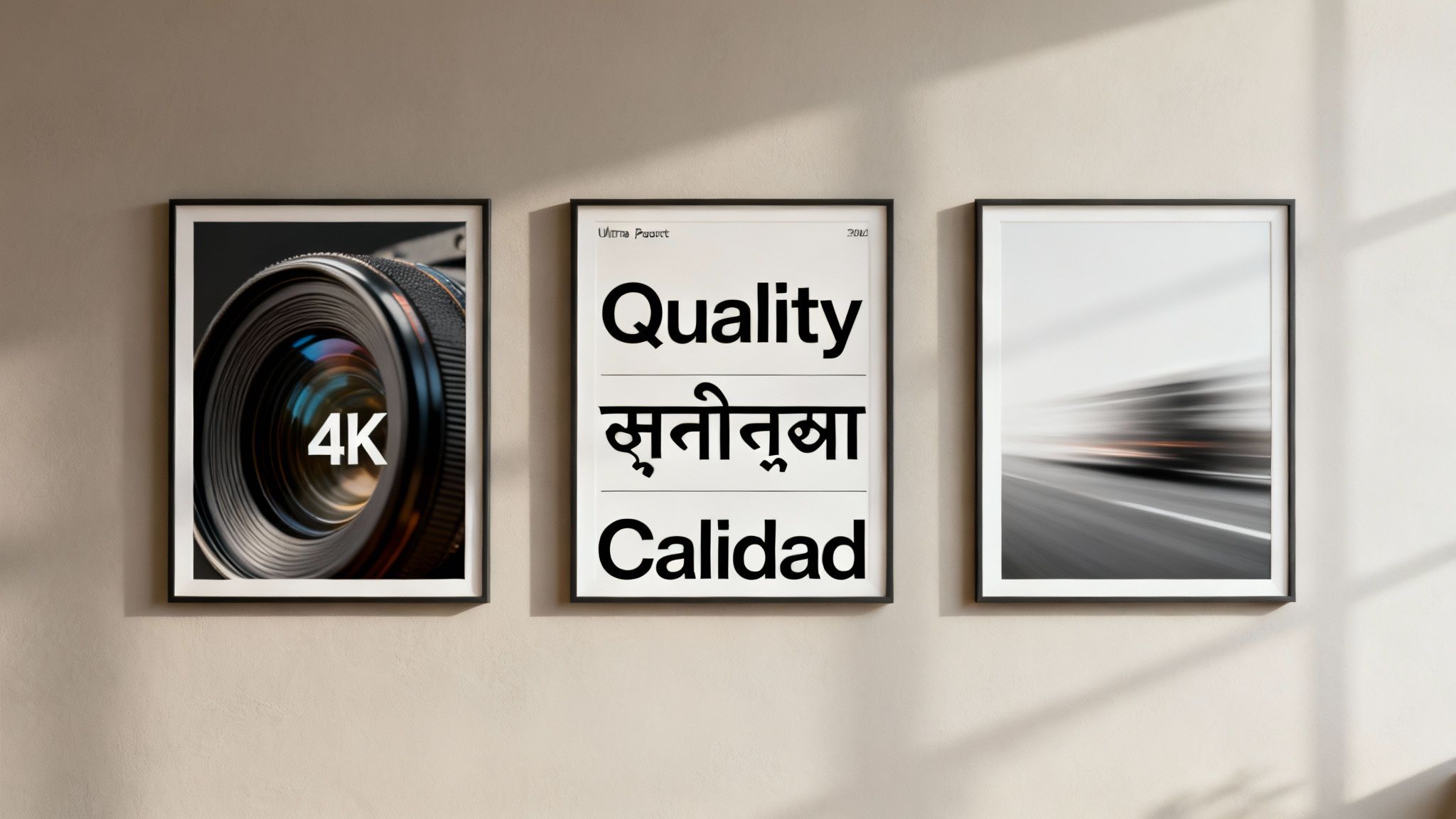 Three framed wall art prints displaying 4K camera lens, multilingual quality text, and motion blur photography