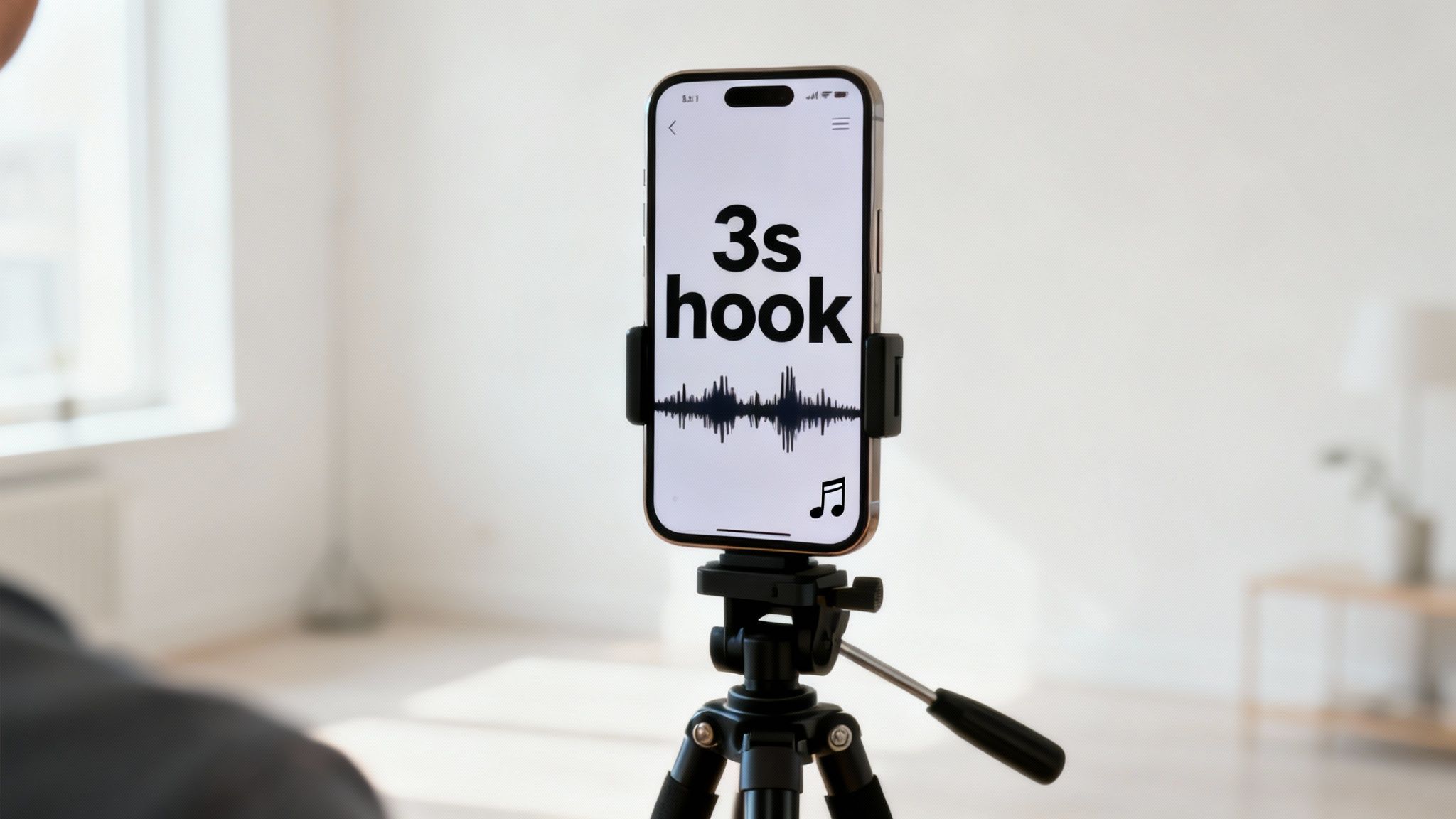 A smartphone on a tripod displays '3s hook' text and a sound wave graphic, ideal for content creation.