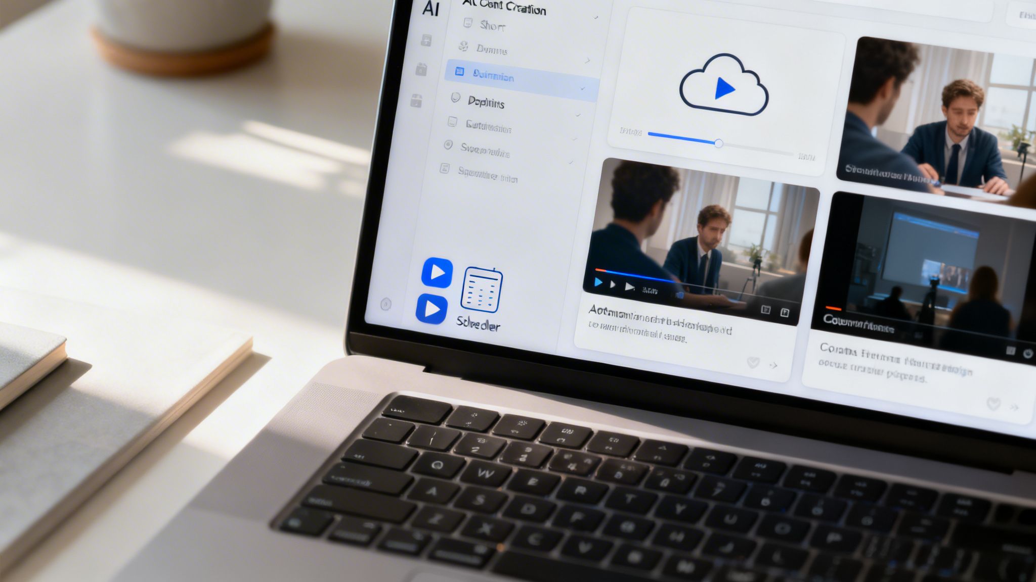 Modern laptop on a desk showing a social media content strategy interface with video thumbnails.