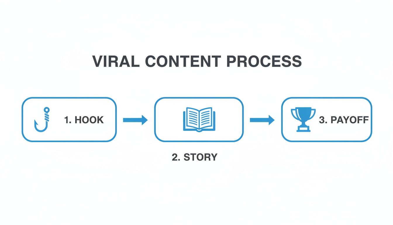 Flowchart illustrating the viral content process with three steps: Hook, Story, and Payoff.