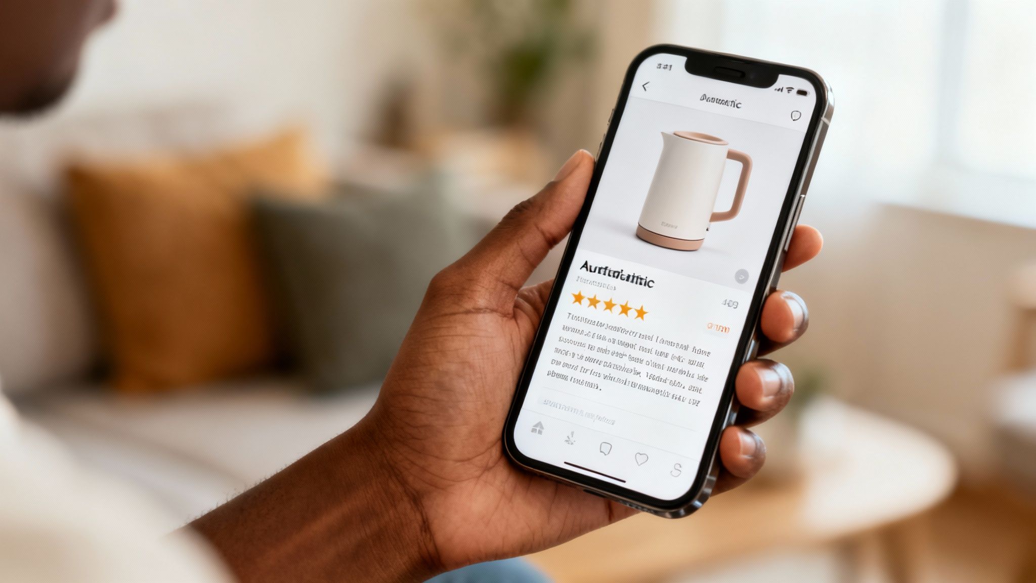 A close-up of a person holding a smartphone displaying an e-commerce page with a modern white kettle.