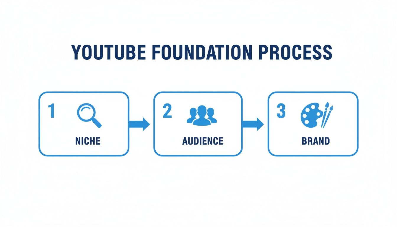 A three-step YouTube foundation process diagram showing niche, audience, and brand development.