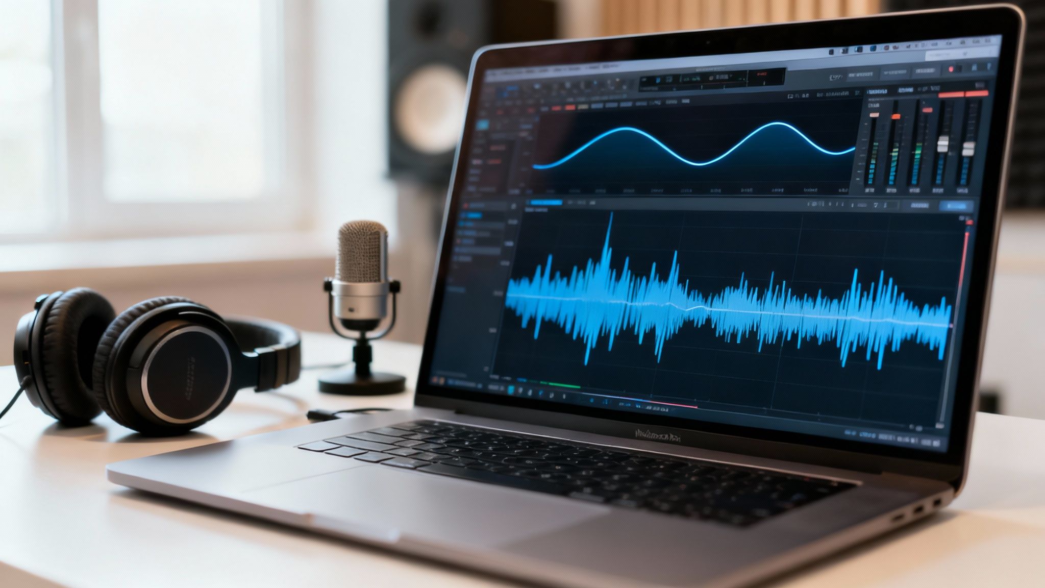 Laptop displaying audio editing software with waveform and mixer, accompanied by a microphone and headphones.