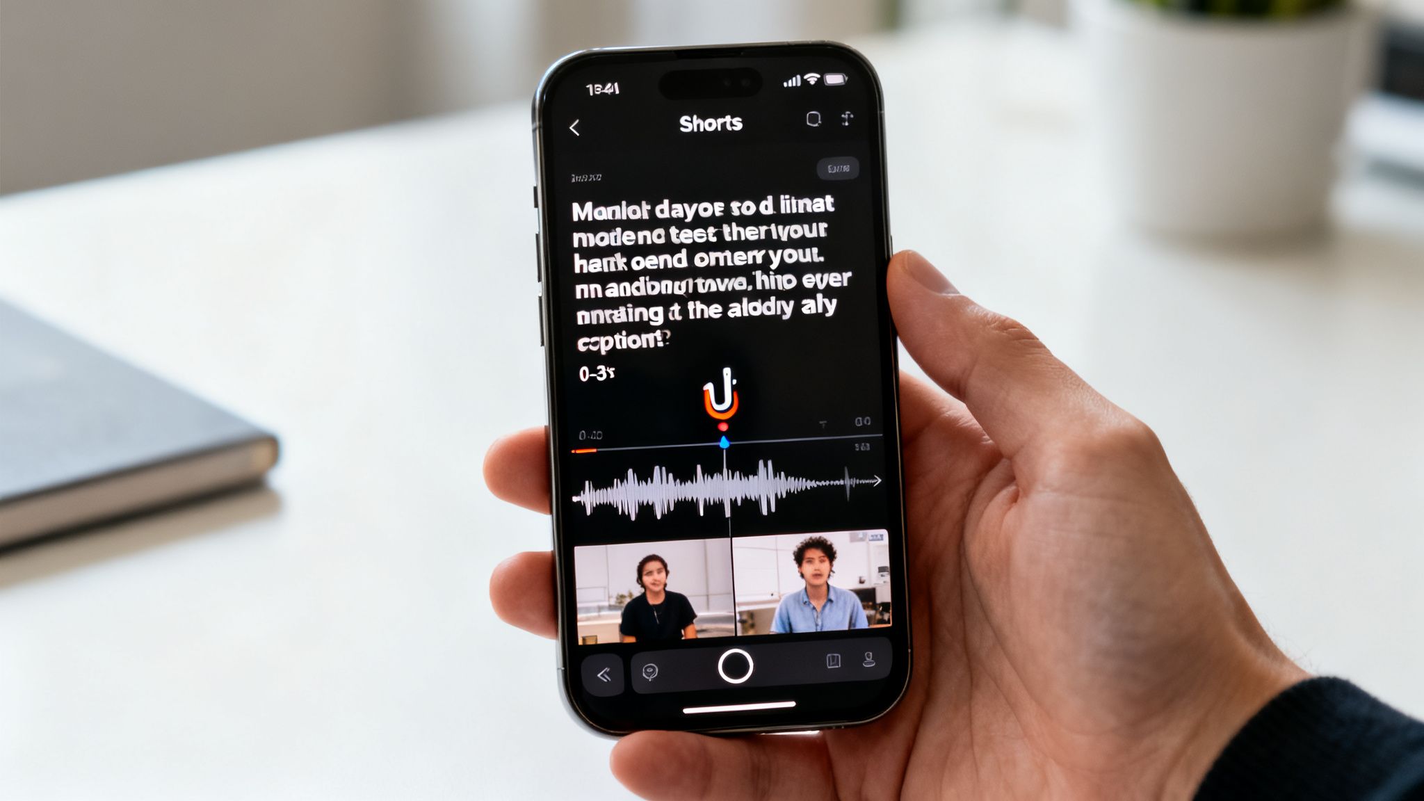 A hand holds a smartphone displaying YouTube Shorts video editing interface with text, audio waveform, and clips.