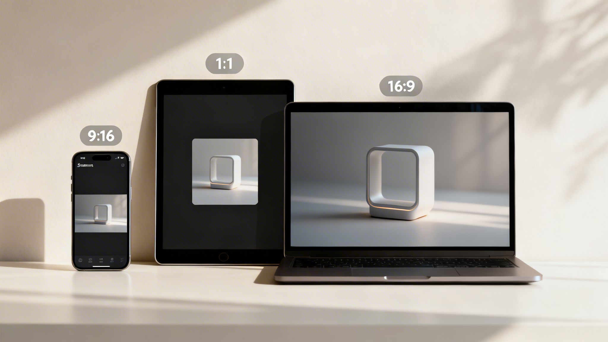 A smartphone, tablet, and laptop displaying a white product across 9:16, 1:1, and 16:9 aspect ratios.
