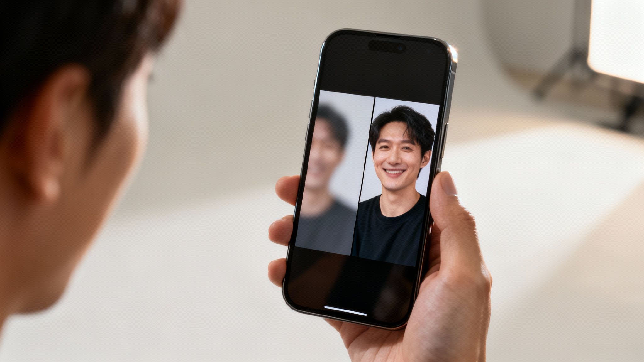 A person holds a smartphone displaying a clear, upscaled image next to a blurry photo of a smiling man.