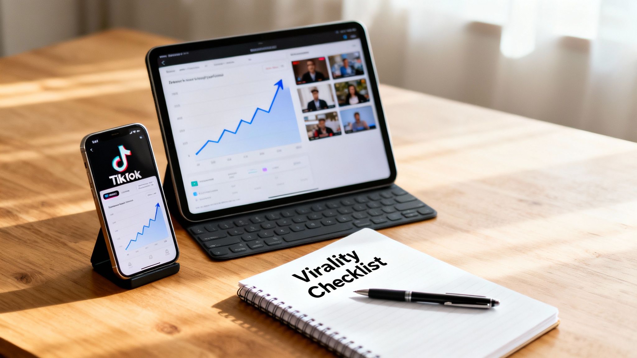 A desk with a TikTok phone, tablet showing growth, and a 'Virality Checklist' notebook.