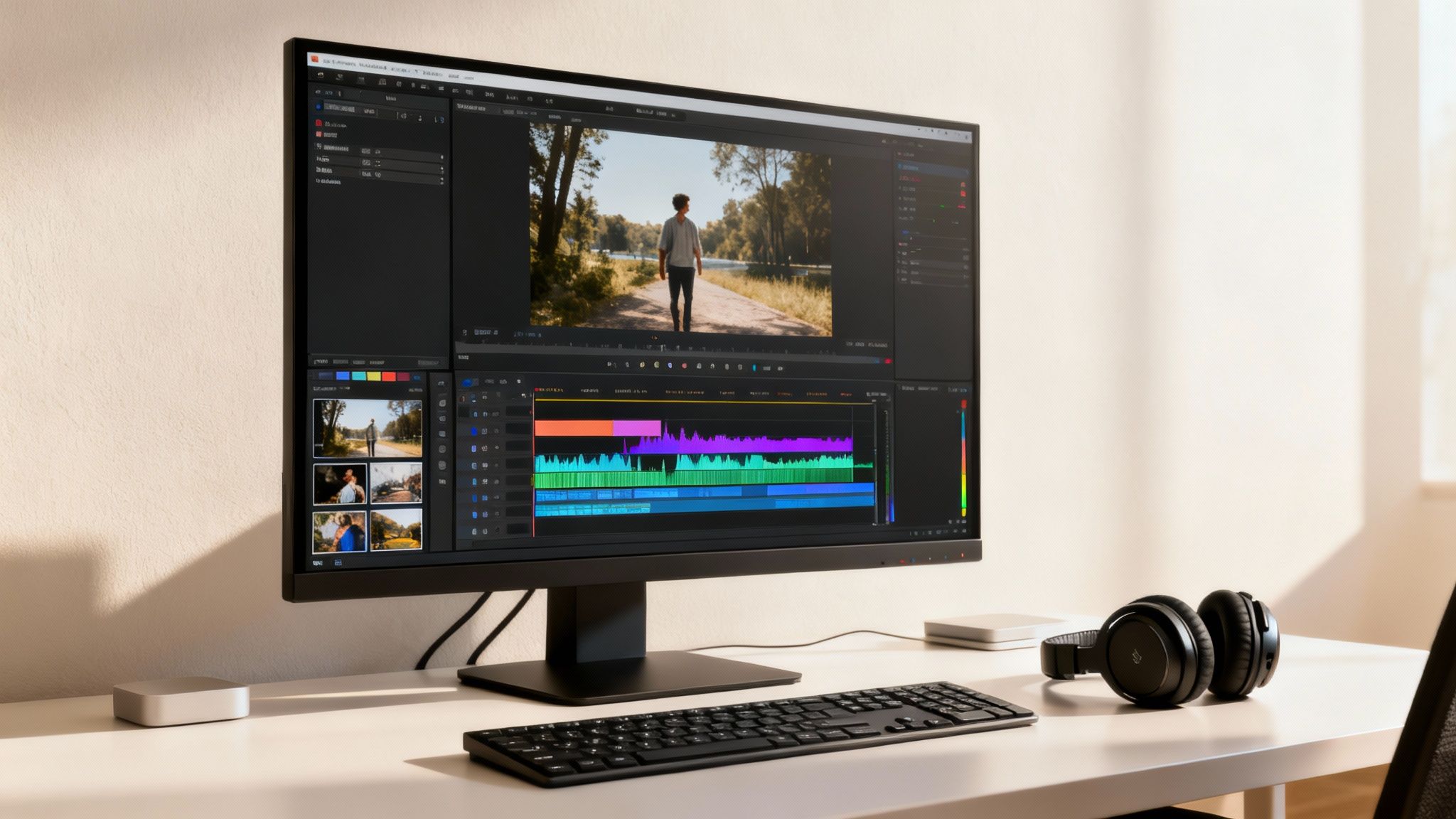 A modern video editing workstation with a monitor displaying editing software, keyboard, headphones, and mini PCs on a white desk.