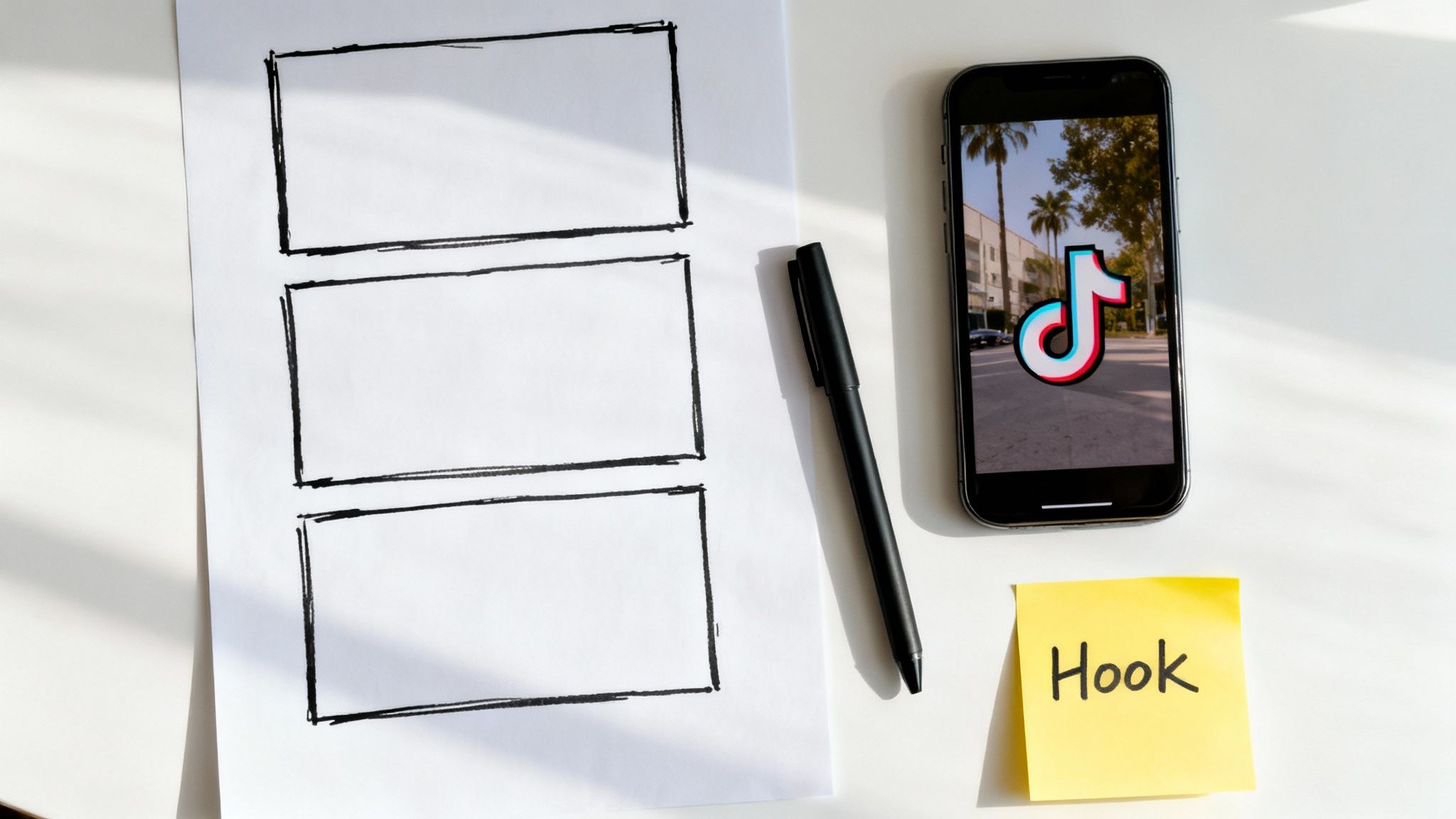 A desk with a storyboard, pen, smartphone displaying TikTok logo, and a 'Hook' sticky note, representing video content planning.