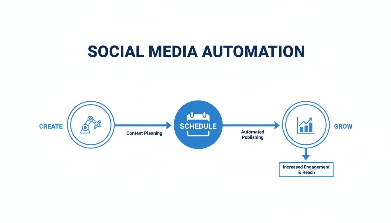Diagram illustrating the social media automation process: create, schedule, grow, and increased engagement.