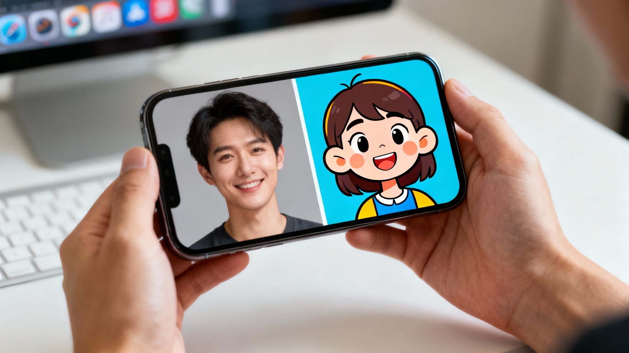 A person holds a smartphone displaying a real photo of a man next to a cartoon girl.
