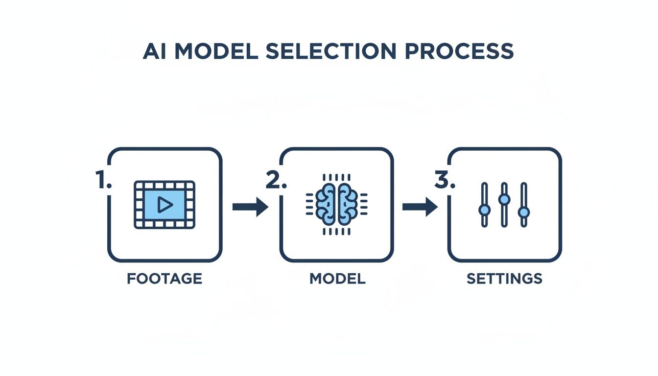 A three-step AI model selection process diagram showing footage, AI model, and settings icons.
