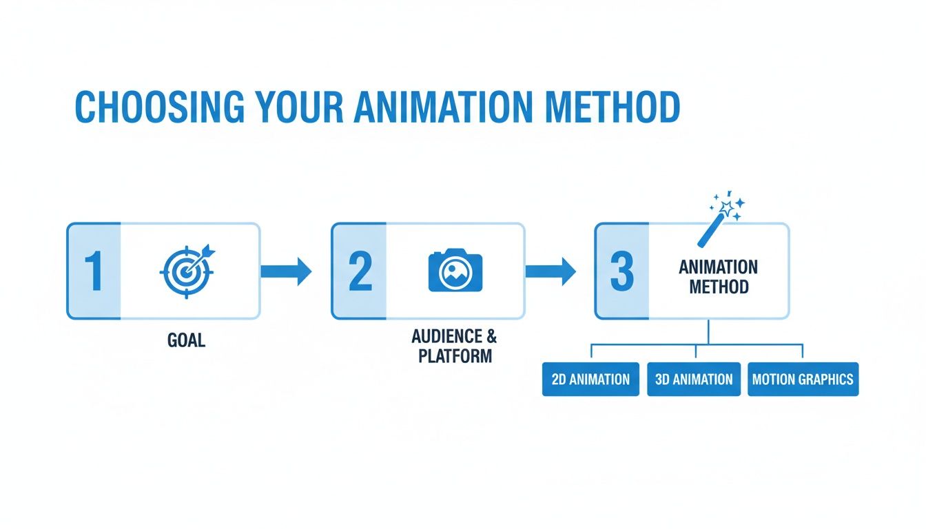 Flowchart illustrating how to choose an animation method, covering goal, audience, platform, and types like 2D, 3D, and motion graphics.