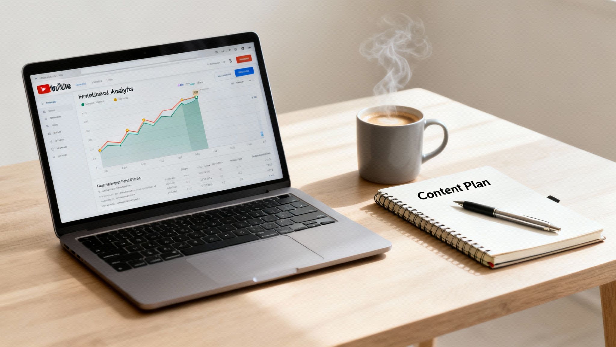 A laptop displaying YouTube analytics, a steaming coffee mug, and a 'Content Plan' notebook on a desk.