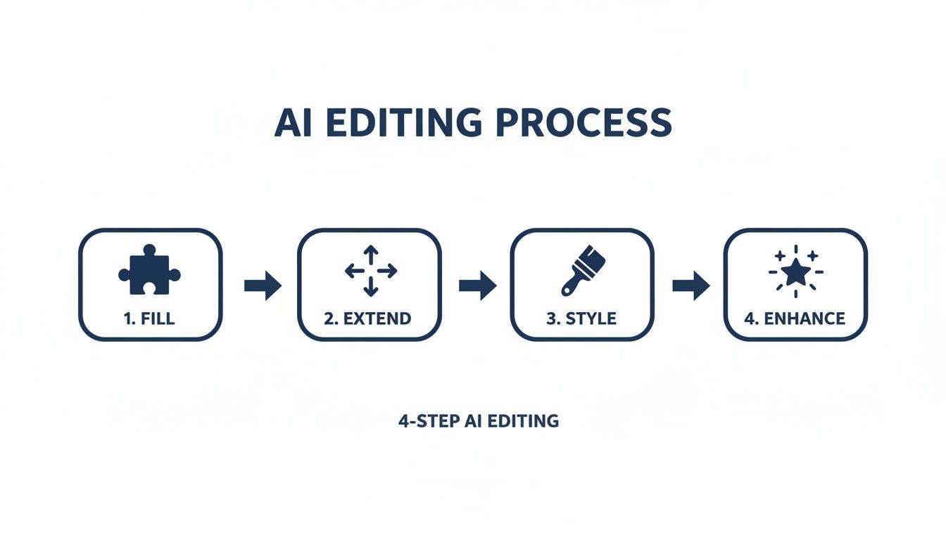 A diagram illustrating a 4-step AI editing process: Fill, Extend, Style, Enhance with icons.