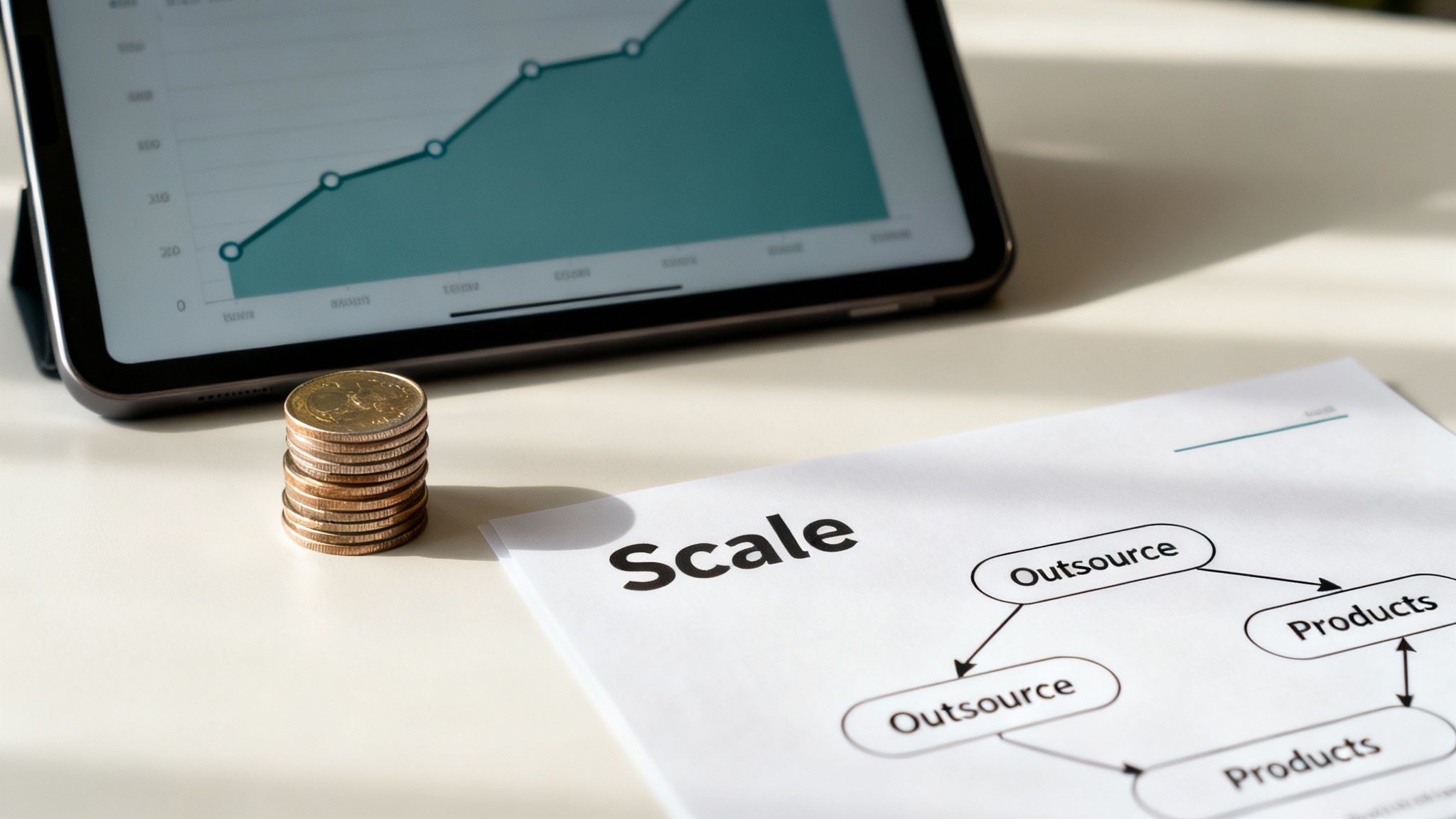 Desk setup with a tablet displaying a growth chart, coins, and a 'Scale' business strategy document.