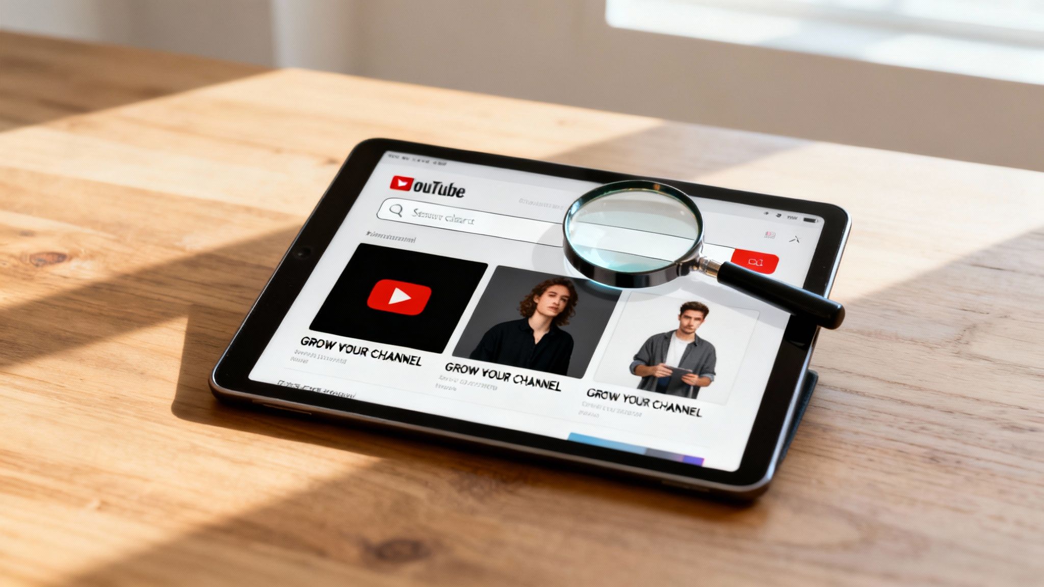 A magnifying glass rests on a tablet displaying YouTube videos about growing a channel.