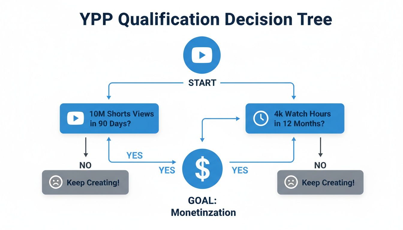 A decision tree illustrating YouTube Partner Program (YPP) qualification paths via shorts views or watch hours.