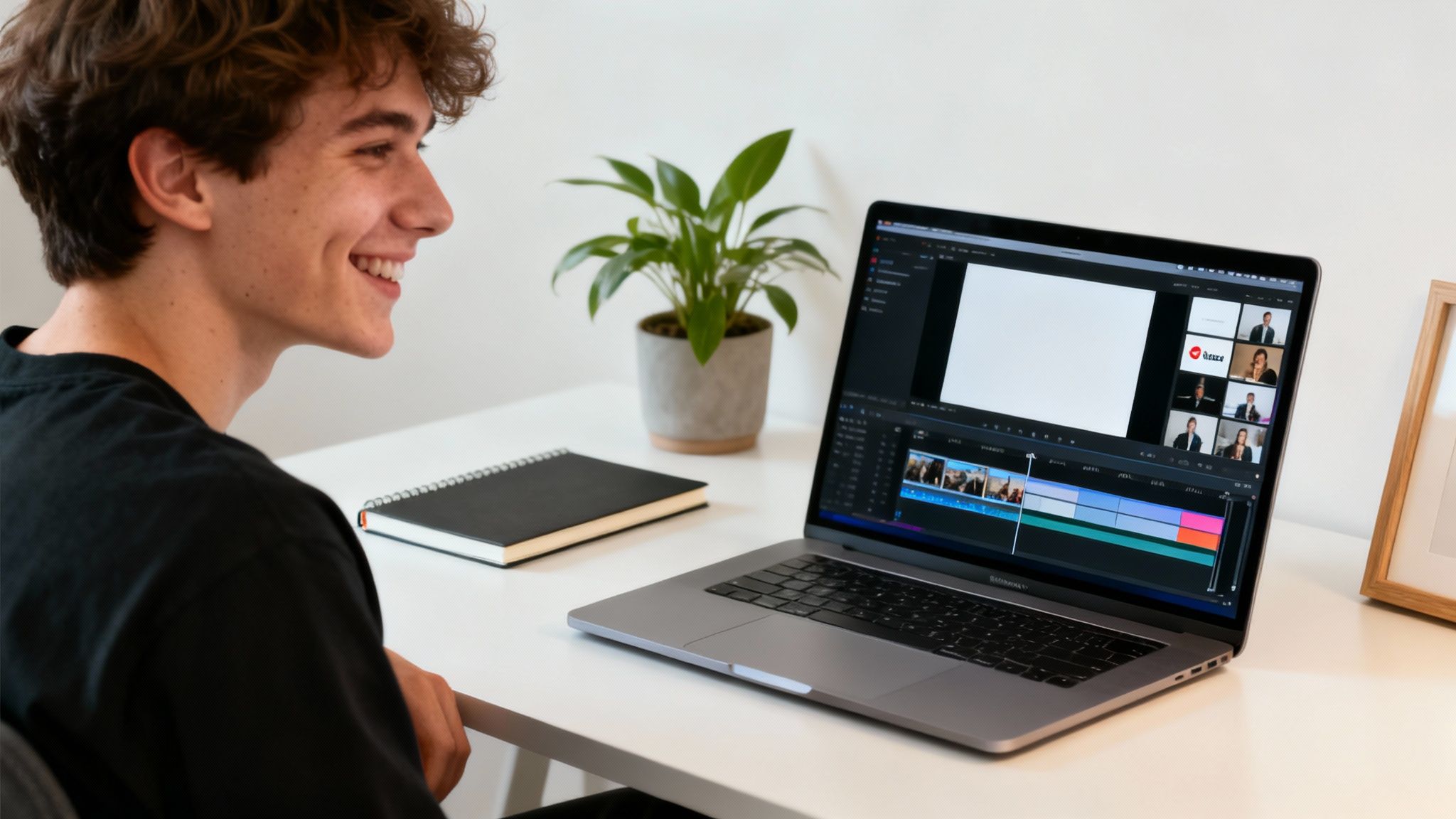 A smiling young man uses a laptop to edit video and participate in a video call.
