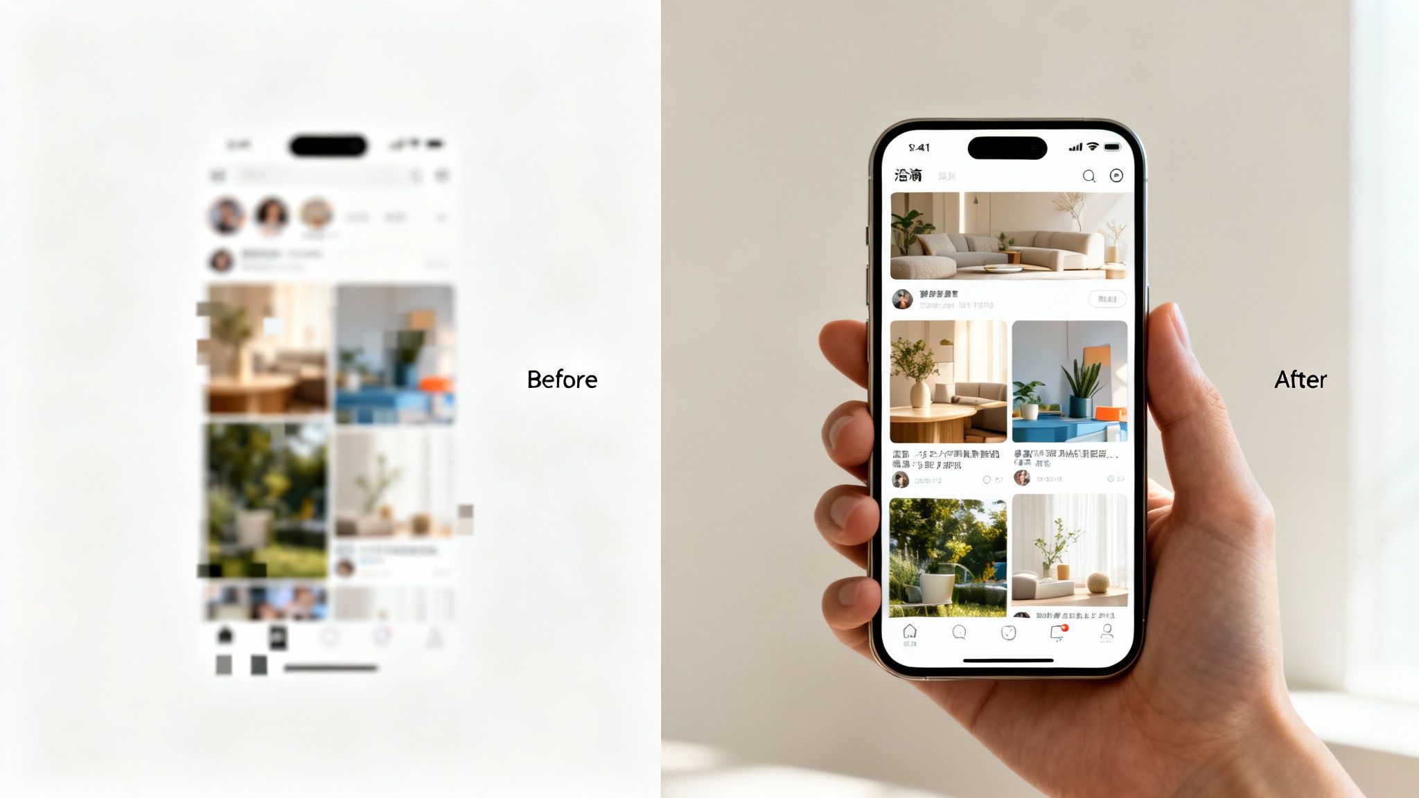 Before and after comparison of an AI upscale image, showing a blurry phone screen next to a clear one with interior design photos.