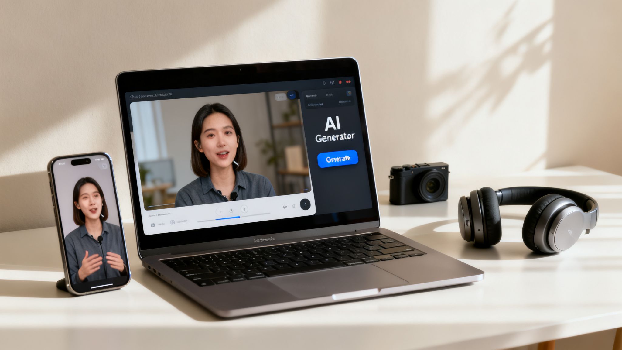 A modern desk setup with a laptop and phone displaying a video, headphones, and a camera.