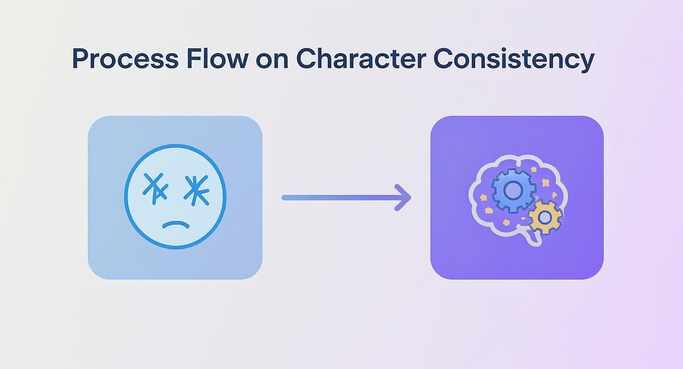 Process flow diagram showing frustrated face icon transforming into AI brain with gears for character consistency