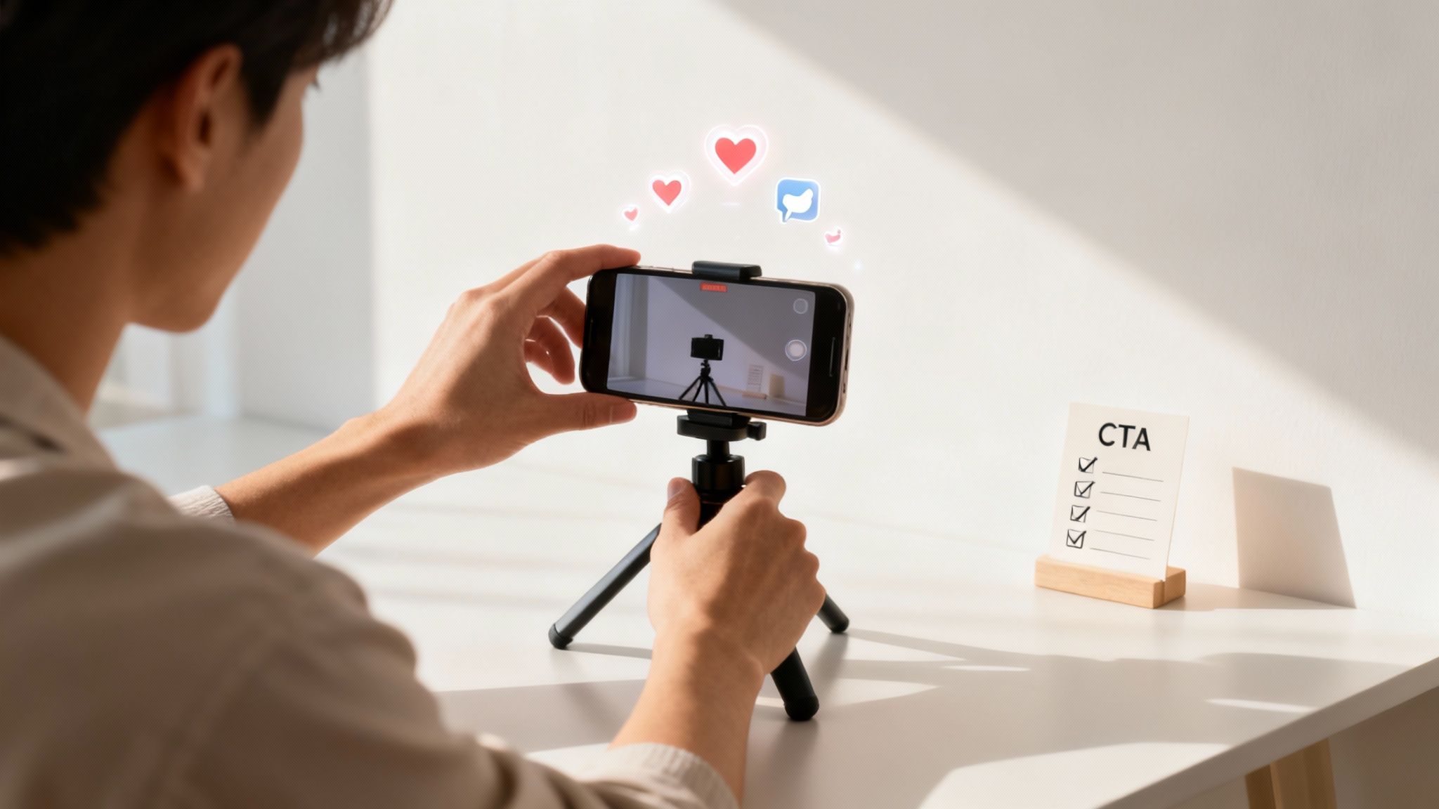 Person recording a video with a smartphone on a tripod, showing social media reactions and a CTA checklist.