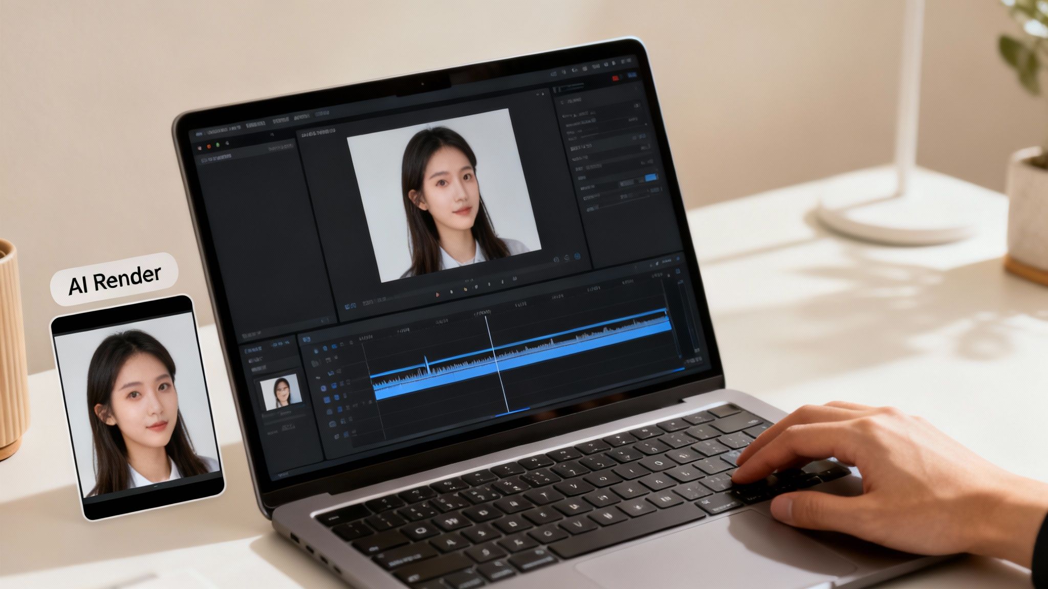 A hand editing a video of a woman on a laptop, with an AI-rendered version on a phone.